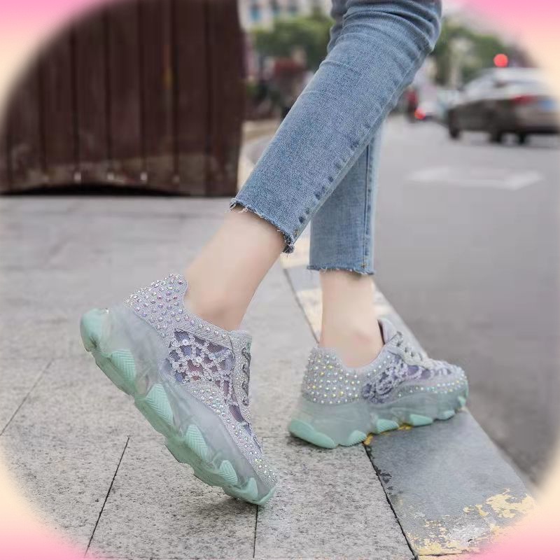 Giày Thể Thao Mùa Hè Thoáng Khí Đế Phối Đá Kim Sa Lấp Lánh Phong Cách Mới Cho Nữ