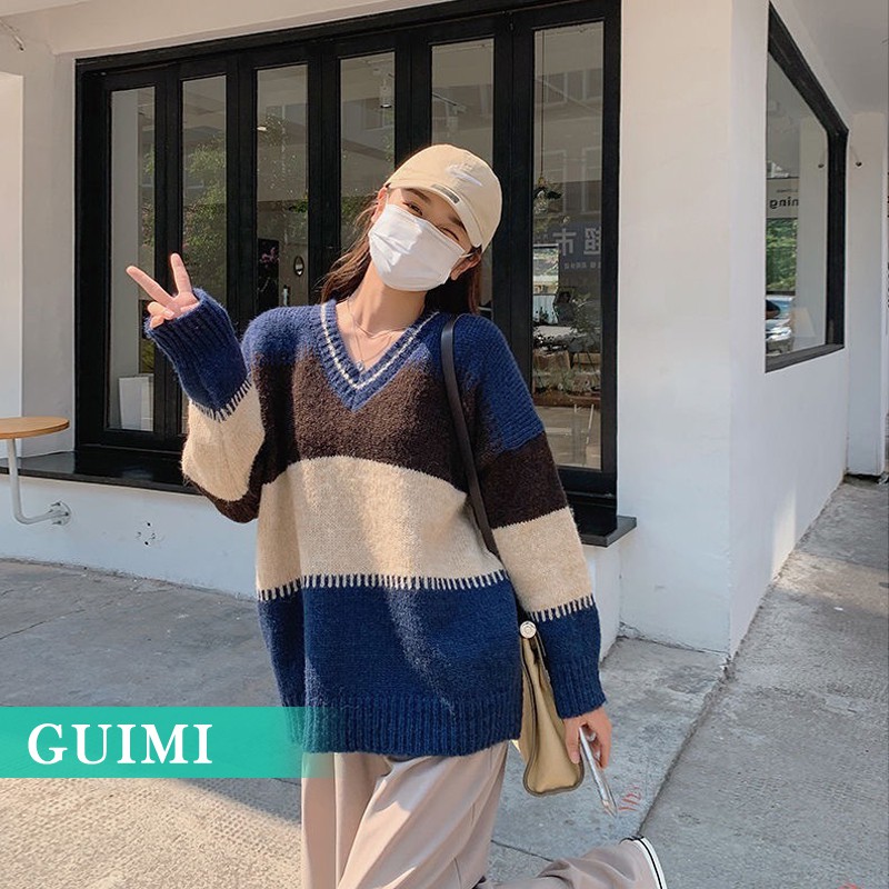 MỚI Áo len sọc ngang cổ chữ V thời trang nữ áo sweater nữ