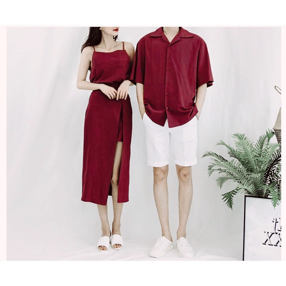 Đồ đôi nam nữ đẹp đi du lịch, chụp hình cưới: Set áo váy sơ mi Hàn Quốc