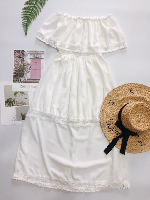 Maxi trắng trễ vai H0073 (hình thật khách feedback) | BigBuy360 - bigbuy360.vn