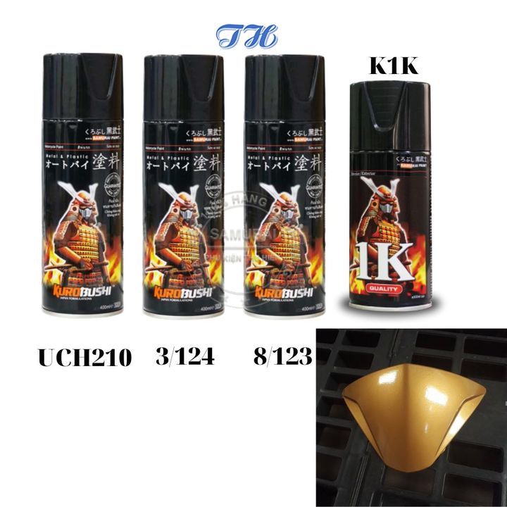 Combo 4 chai sơn samurai màu vàng ánh kim gồm:  uch210 -  3/124 -  8/123 - k1k - giấy nhám p800