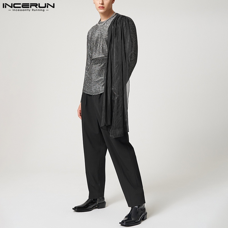 Áo kiểu INCERUN tay dài dệt kim phối lưới sáng bóng độc đáo thời trang dành cho nam