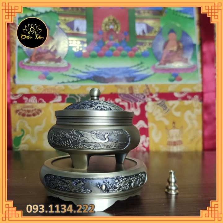 Lư xông trầm bằng đồng nguyên chất khắc hình rồng phượng ưu đãi combo nhang vòng/ trầm nụ
