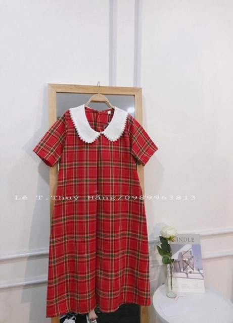 Váy Suông Kẻ Đỏ Cổ Sen Siêu Xinh , Đầm Suông Kẻ Đỏ Cao Cấp