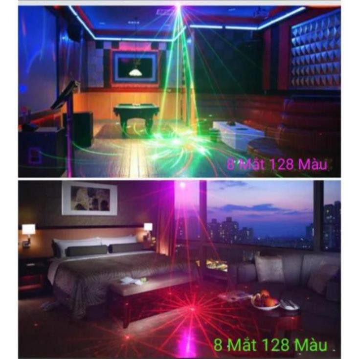 Đèn laser 8 mắt 128 hình, đèn phòng bay chiếu ánh sáng laser có điều khiển từ xa, cảm biến theo nhạc