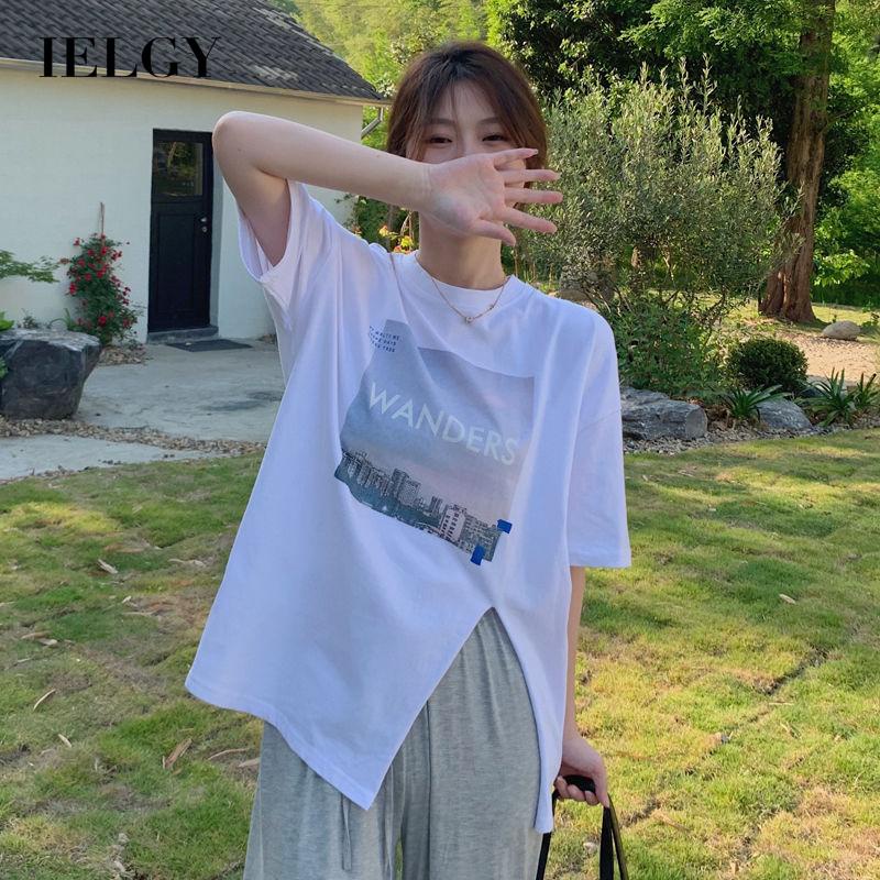 Áo thun IELGY ngắn tay xẻ tà in họa tiết phong cách Hàn Quốc dành cho nữ