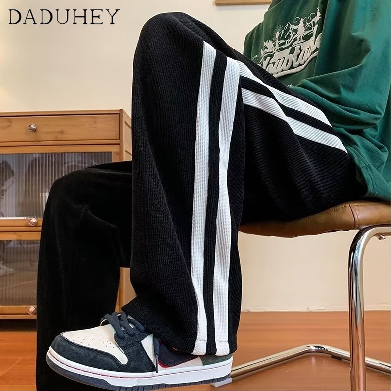 DaDuHey Men's Autumn Fashion Brand Loose Striped Casual Pants Ins Corduroy Straight Wide Leg Sports Pants