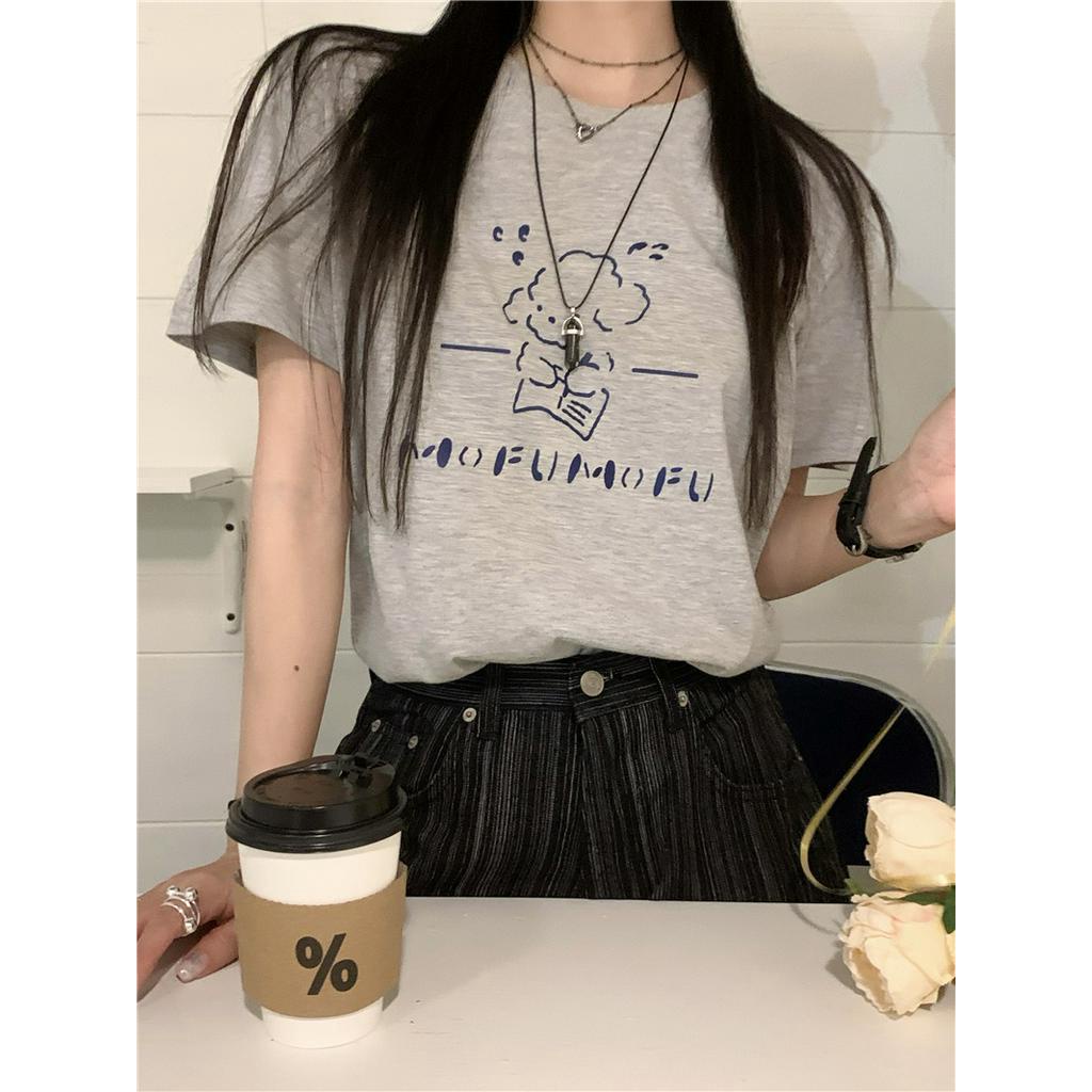 Áo Thun Cotton Cổ Tròn Dáng Rộng Ngắn Tay In Hình Dễ Thương Thời Trang Mùa Hè 62357