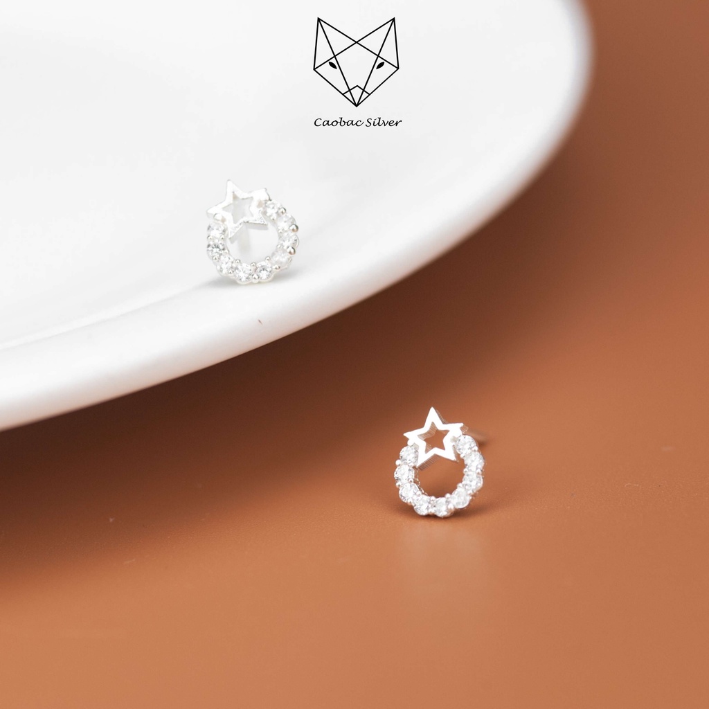 Khuyên Tai Bạc CaoBac Silver Cho Nữ Đính Đá Đơn Giản Basic Thiết Kế Tròn Rỗng Sao Đá