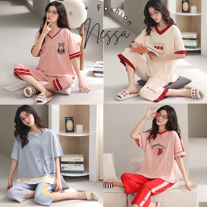 Bộ Đồ Ngủ Nữ Pijama Mặc Ở Nhà Vải Cotton Co Giãn 4 Chiều - Quần Dài Áo Cộc Tay Cổ Trái Tim Mùa Hè Xuân Thu Đi Chơi BĐN92