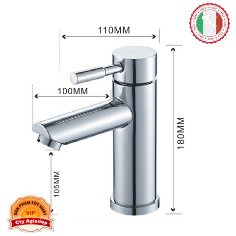 Vòi Lavabo nóng lạnh (trụ tròn, vòi thẳng) SUS304 Xi bóng đẹp + 2 dây cấp - Hàng Cao cấp ITALIA