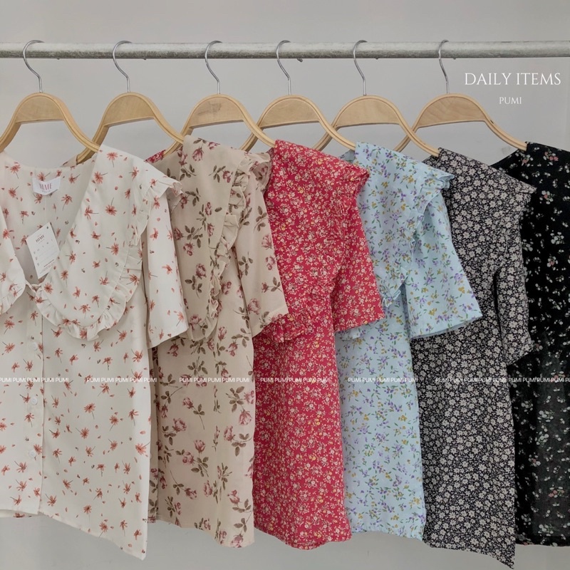Áo kiểu nữ hoa vải voan cổ bèo tay ngắn hàng nút nhiều màu freesize Pumi