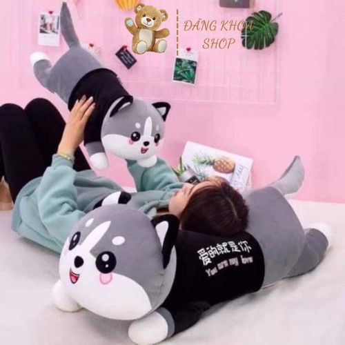 Vỏ Gấu Bông Mèo Xám Husky Nằm Đủ 2 Màu Hồng Xám