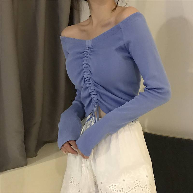 Áo len croptop tay dài Áo Dệt Kim Tay Dài Trễ Vai Phối Dây Rút Phong Cách Hàn Quốc Thời Trang Xuân Thu 2020 Mới Cho Nữ