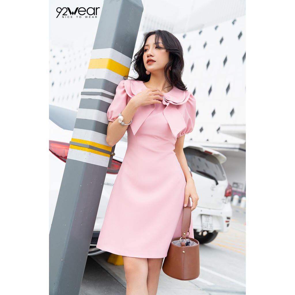 Đầm váy nữ công sở 92WEAR 2 MÀU đủ size dáng xòe ngắn tay cổ nơ DEW0516