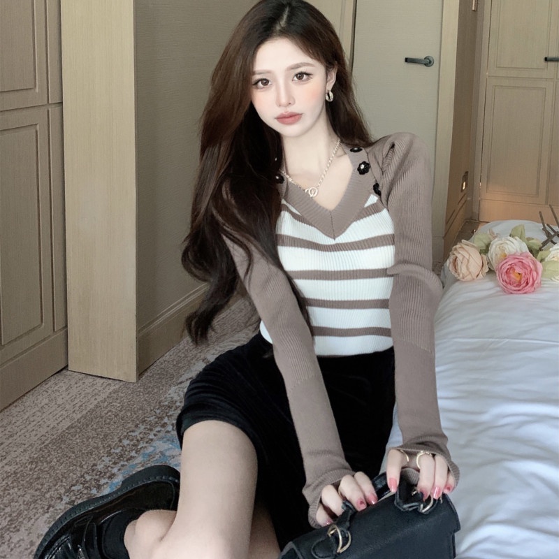 Áo Sweater Dáng Ôm Cổ Chữ V Kẻ Sọc Thời Trang Mùa Thu Cho Nữ