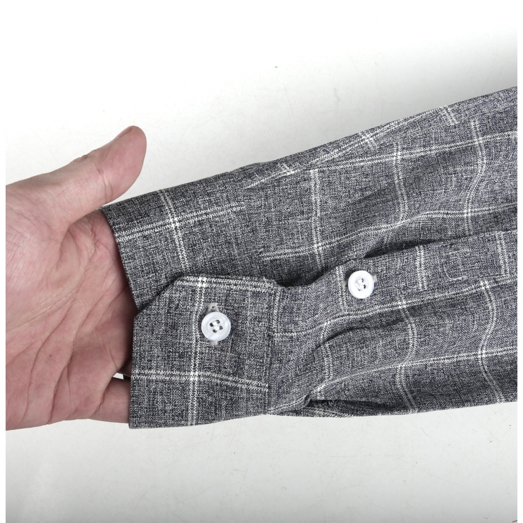 Áo sơ mi nam dài tay OKU, họa tiết kẻ caro, chất vải đũi thoáng mát, phong cách Hàn Quốc