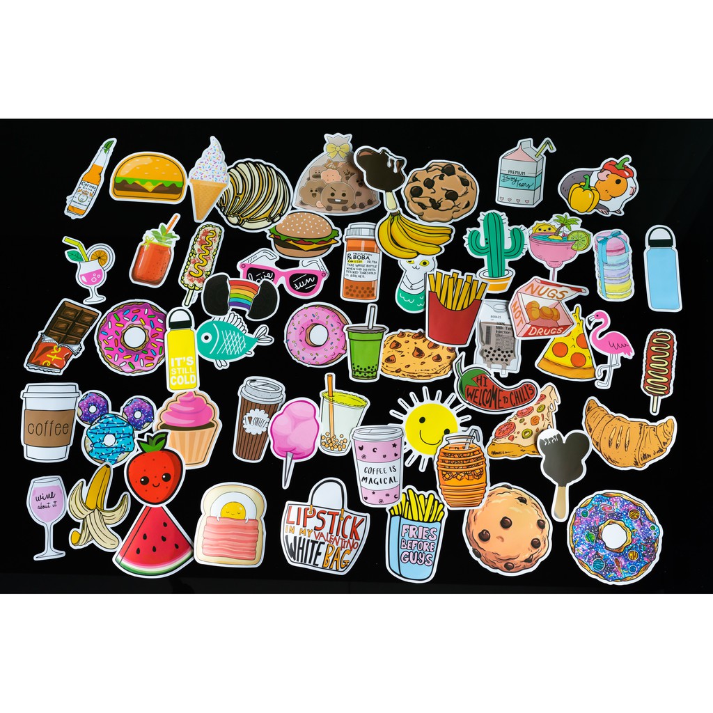 Sticker Food-thức ăn cute, hình dán chống nước lâu phai trang trí mũ bảo hiểm, đàn, guitar, ukelele, macbook, laptop