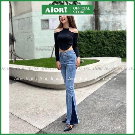 Quần Jean Ống Loe AIORI Lưng Cao 2 Nút Lai Màu Kiểu Vải Co Giãn Tốt_Mã_L008