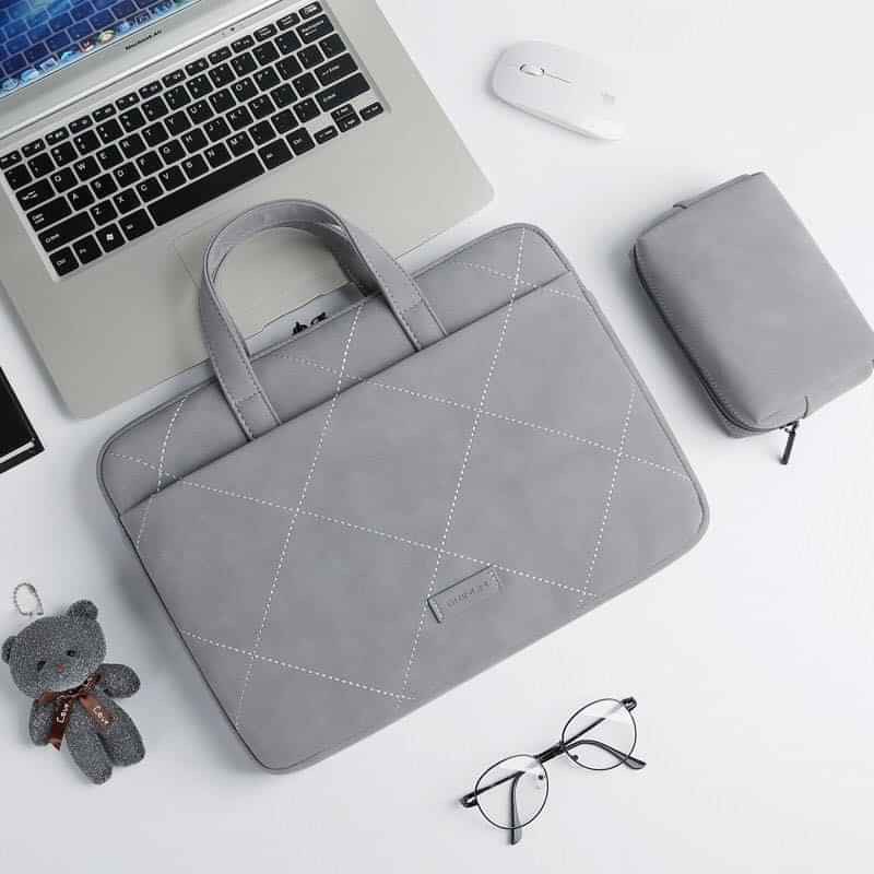 Túi chống sốc, cặp xách da chống sốc cho macbook, laptop, surface màu xanh ngọc kèm gấu cute siêu chống nước