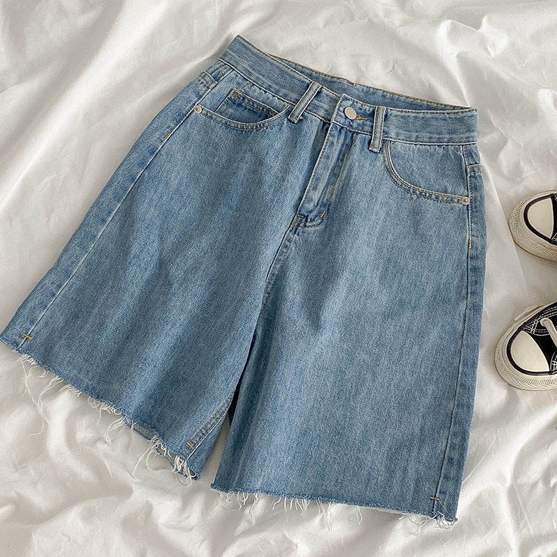 Quần short jean denim form lửng lưng cao lai tua rua 2 màu đen xanh