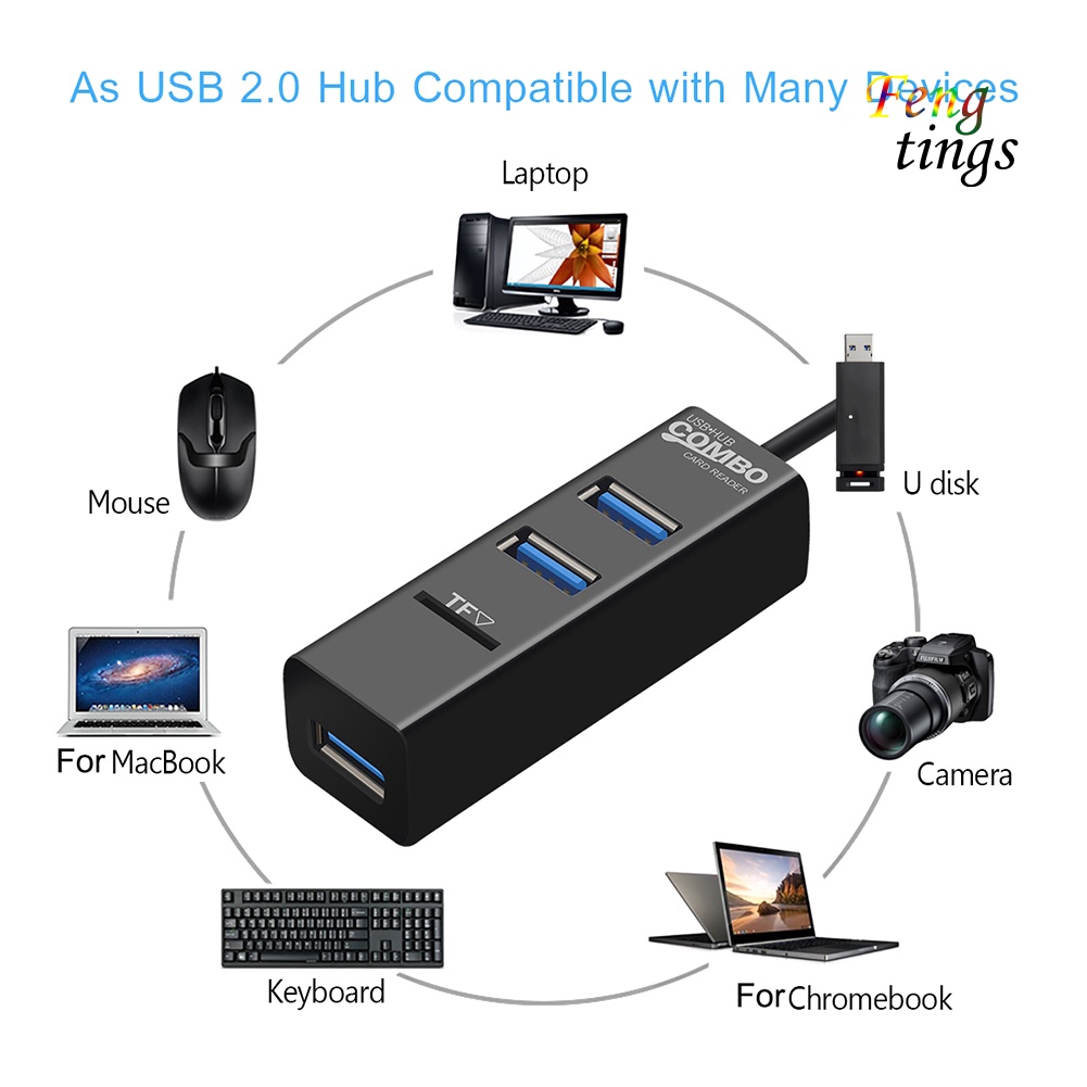 【FT】Portable 3 Ports USB 2.0 Hub Splitter Adapter with TF Card Reader for PC Laptop