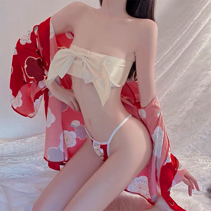Váy ngủ cosplay kimono hoa đỏ với form ngắn sexy phong cách Nhật Bản quyến rũ BT0013 | BigBuy360 - bigbuy360.vn