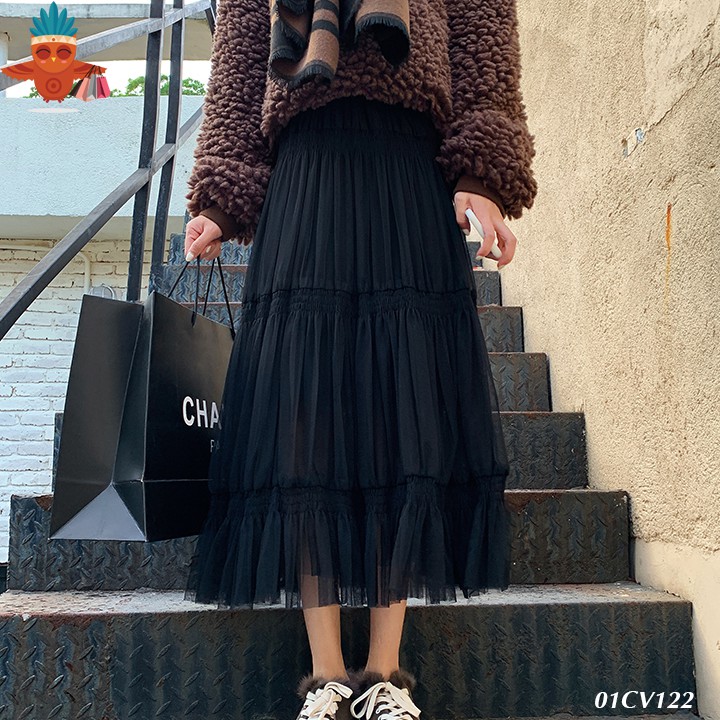 Chân váy lưới nhún tầng 936 THOCA HOUSE nâu nhạt, đen style Hàn Quốc công chúa xinh xắn, dễ phối đồ