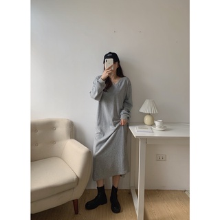 Váy nỉ cổ V V-516, váy suông dài dáng rộng phong cách oversize