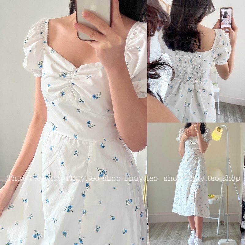 [SALE XẢ] VÁY HOA TRẮNG DÁNG DÀI XẺ ĐÙI CỘC TAY BỒNG