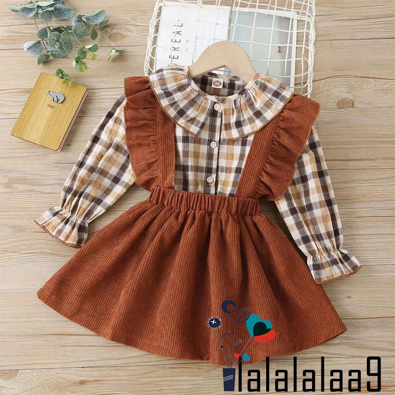 Set Đồ 2 Món Áo Sơ Mi Tay Dài Cổ Peter Pan Màu Trơn Phối Váy Yếm Thời Trang Cho Bé Từ 2-6 Tuổi