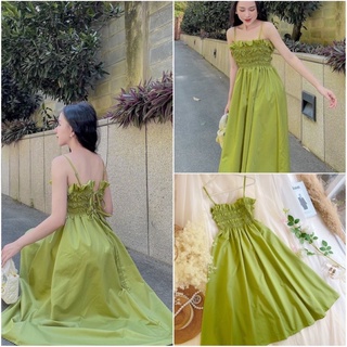 Đầm maxi 2 dây nhún chỉ cột nơ