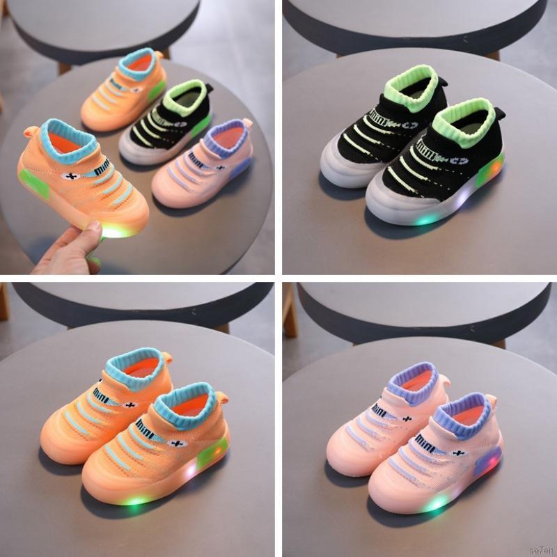 Se7en Children Fly Weave Breathable One Foot Sneakers LED Light Soft Soles Non-slip Socks Shoes For 12M-2.5T