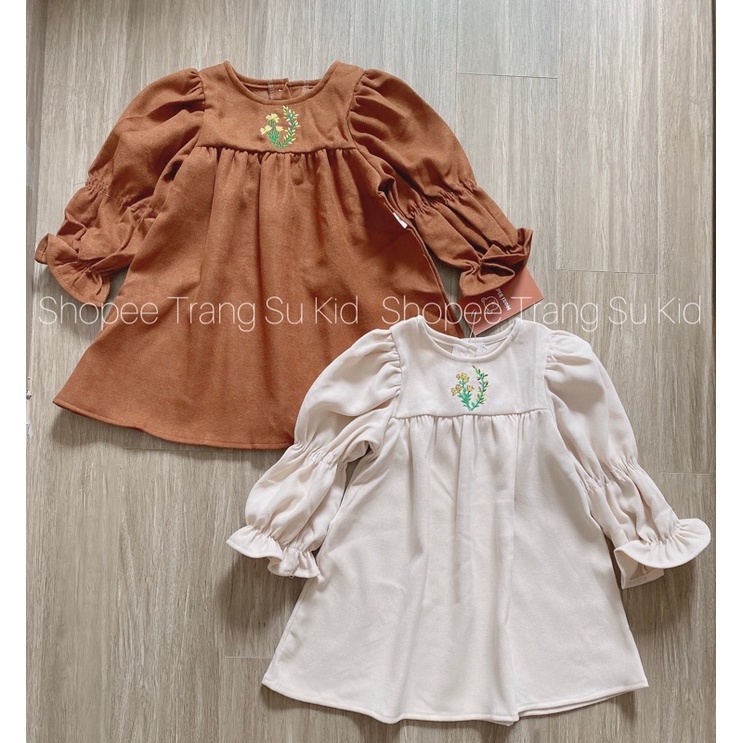 VÁY NHUNG TĂM THÊU HOA CHUN TAY CHO BÉ GÁI.