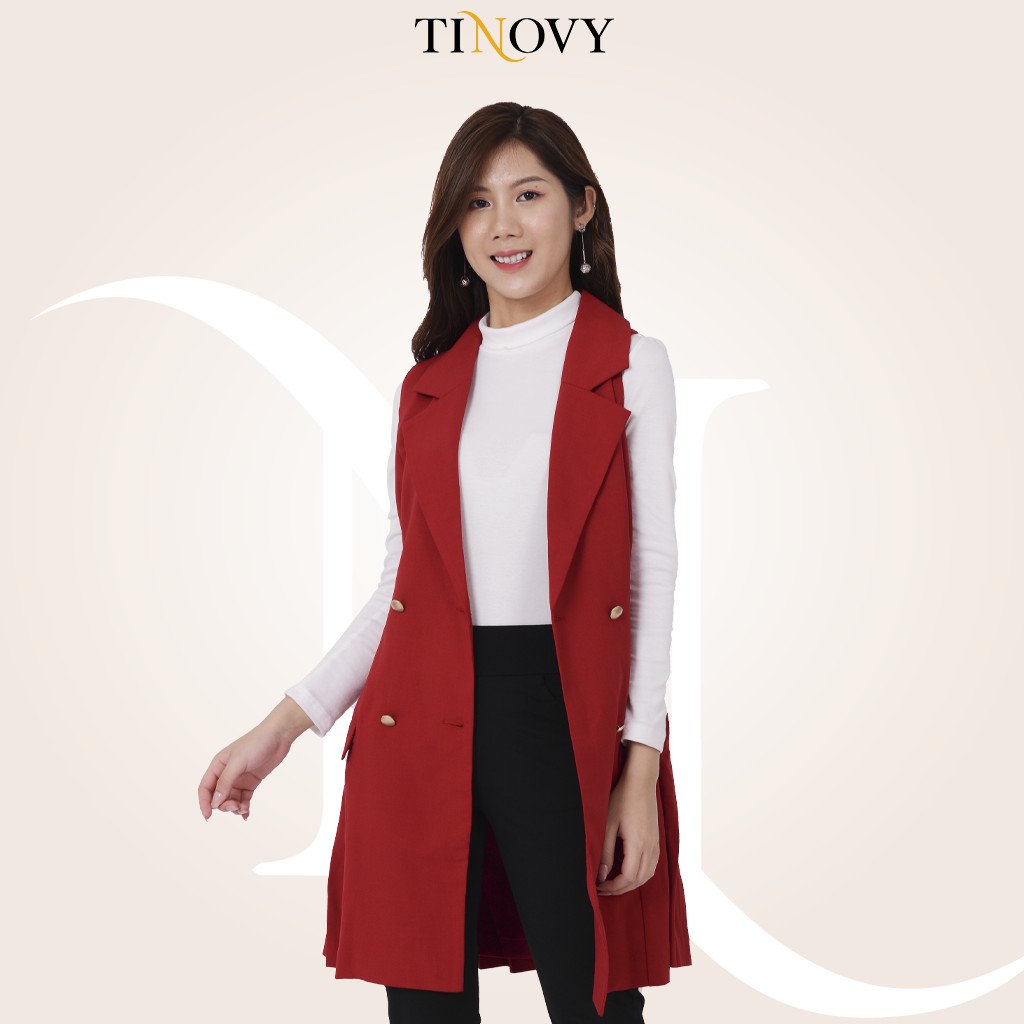 Áo Vest Gile Nữ TINOVY Dáng Dài Hai Hàng Cúc Xếp Ly Xoè T0985