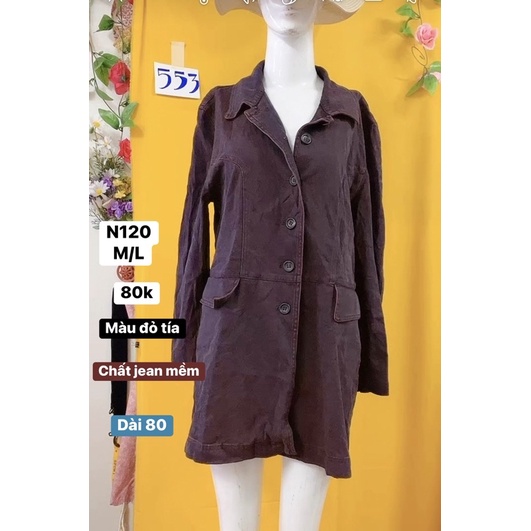 áo khoác blazer dáng dài vải jean mềm màu đỏ tía size M/L.S553