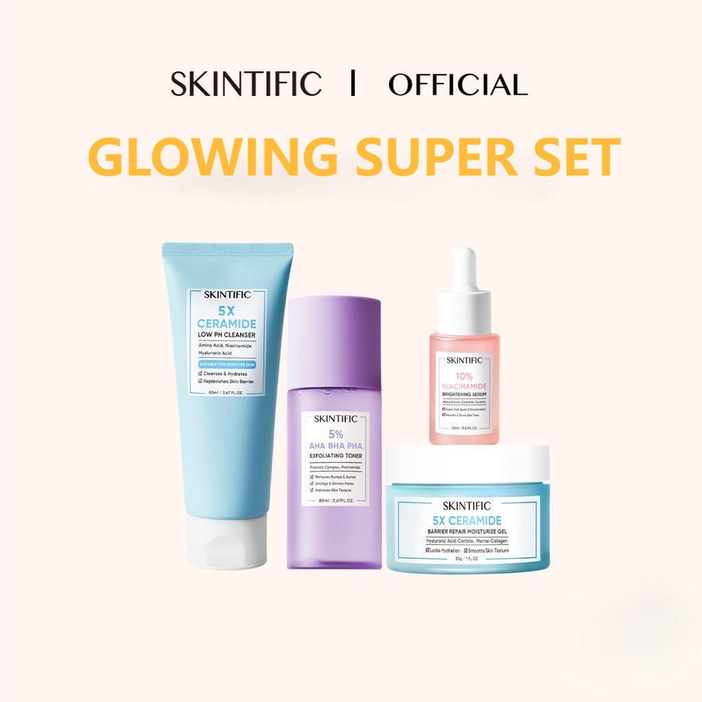 Combo Glowing Super SKINTIFIC gồm Sữa rửa mặt 5X 80ml + Toner 80ml + Serum Niacinamide 20ml + Kem dưỡng ẩm 5X 30g