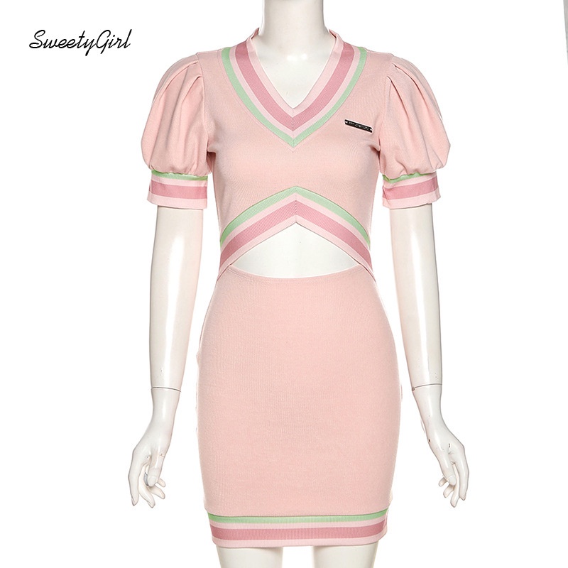 Đầm Tay Ngắn Cổ Chữ V Dáng Ôm Màu Sắc Tương Phản Quyến Rũ Thời Trang Dành Cho Nữ 2022