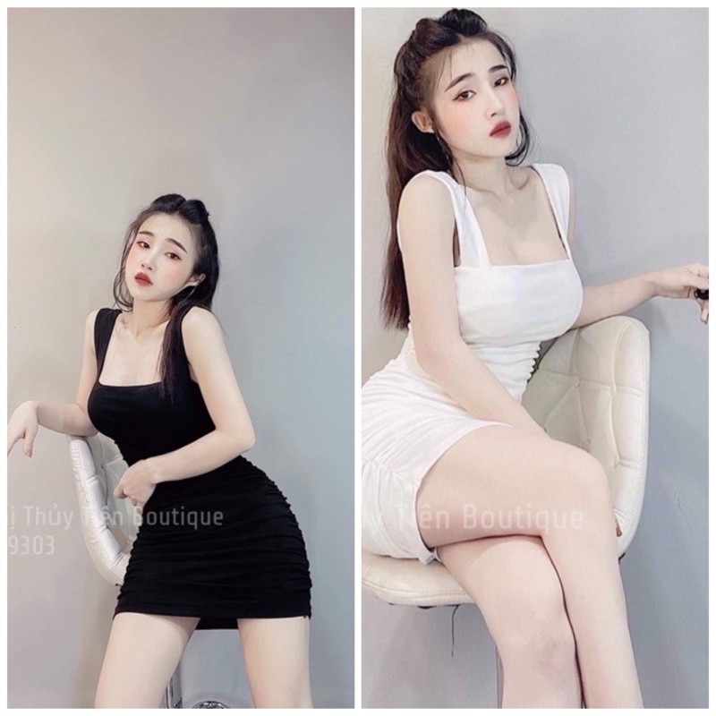 Đầm body nhún 2 dây bản to thun borip - S5T