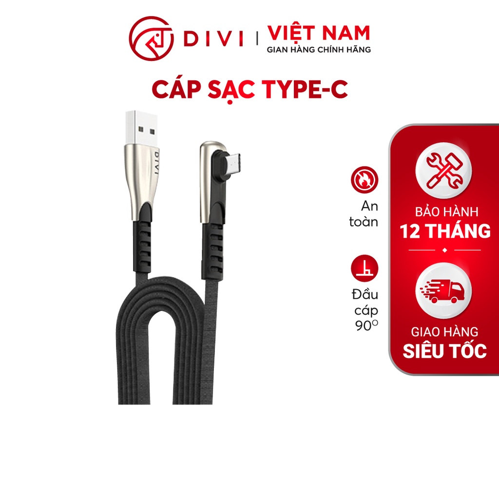 Dây cáp sạc nhanh - DIVI P453 - Sạc nhanh 5A - Đầu cáp vuông góc chống gãy - Hàng chính hãng - Bảo hành 12 tháng 1 đổi 1