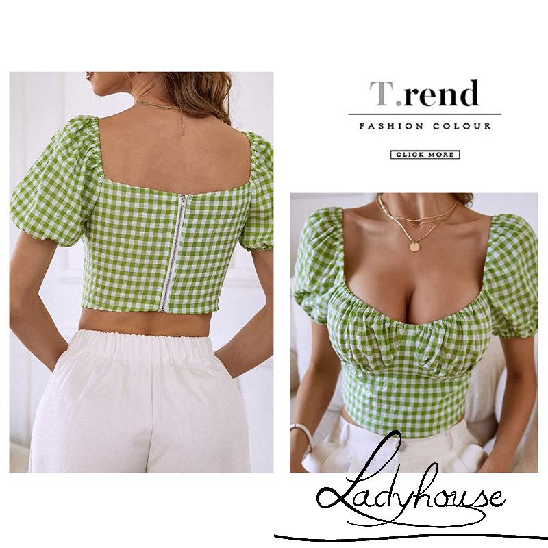 Áo Croptop Tay Ngắn Phồng Cổ Vuông Hở Lưng Phối Khóa Kéo Thời Trang Mùa Hè Cho Nữ