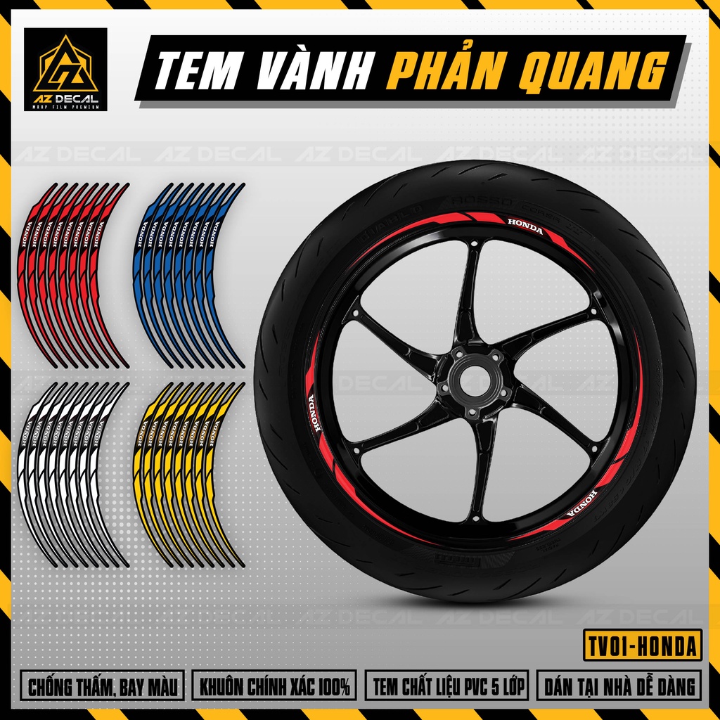 Tem Dán Vành Phản Quang |  Full 2 Vành Cho Xe Honda |  TV01 - Màu Đỏ |  Chất Liệu Chống Nước, Bền Màu, Dễ Sử Dụng