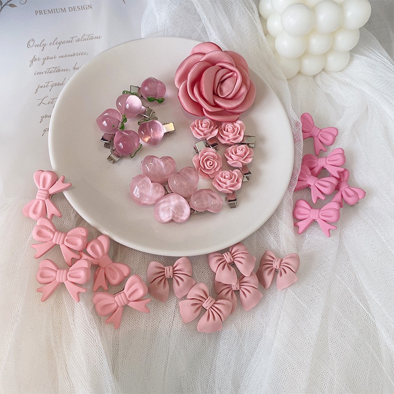 Kẹp Tóc Hình Trái Tim/Hoa Trà/Quả Đào Màu Hồng Xinh Xắn