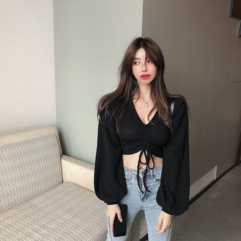 Porozi  Áo kiểu  dệt kim cổ chữ V tay dài phong cách Hàn Quốc thời trang dành cho nữ