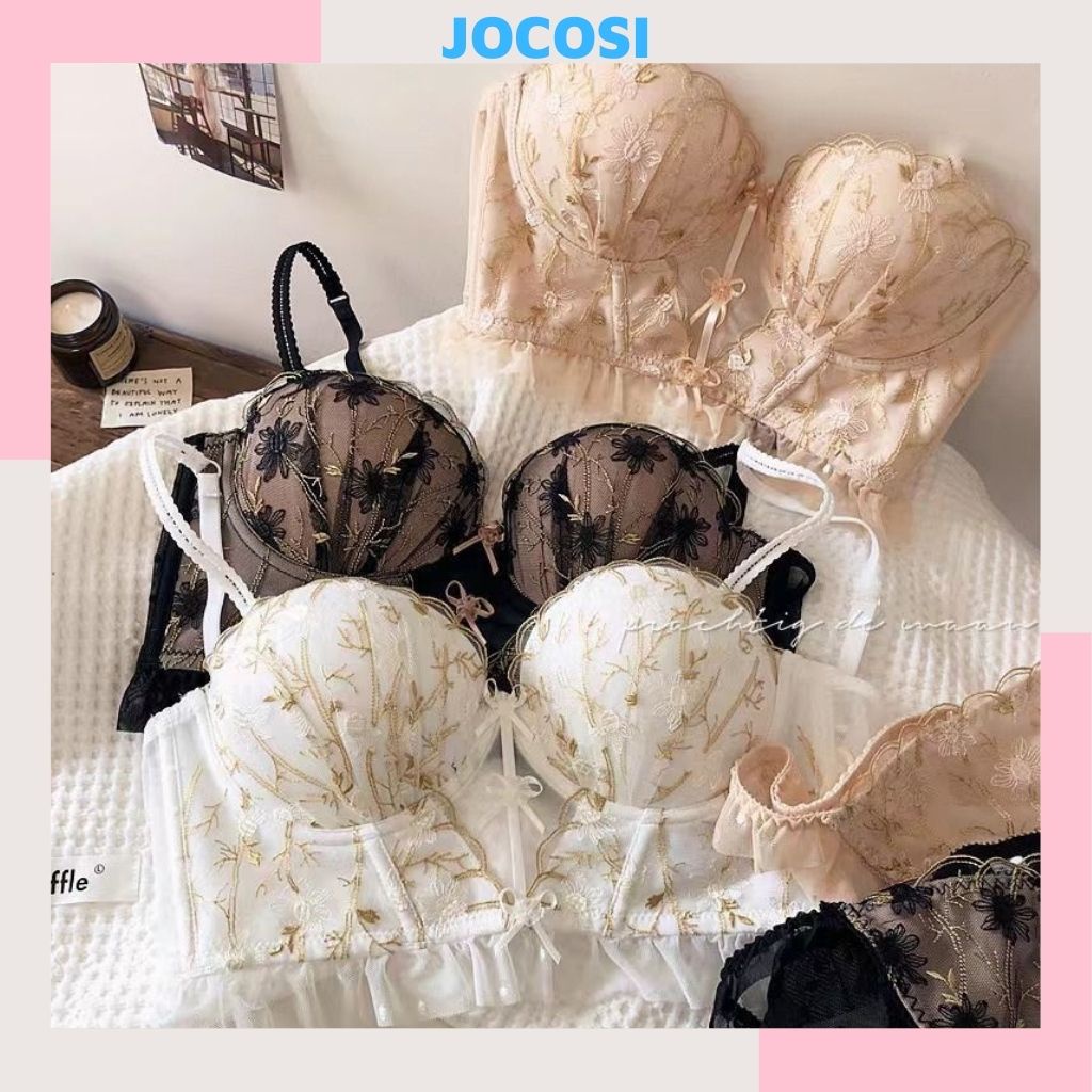 Áo bra nữ ren hoa 2 dây cao cấp đính nơ gợi cảm sexy, áo lót nữ có gọng đệm mút nâng ngực tạo khe quyến rũ JOCOSI A1008