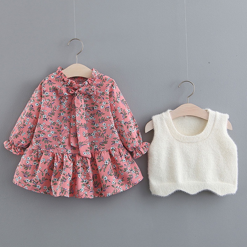 BEAR LEADER Bộ Áo Khoác Lông Chồn + Đầm Dài Tay Thời Trang Thu Đông Cho Bé Gái