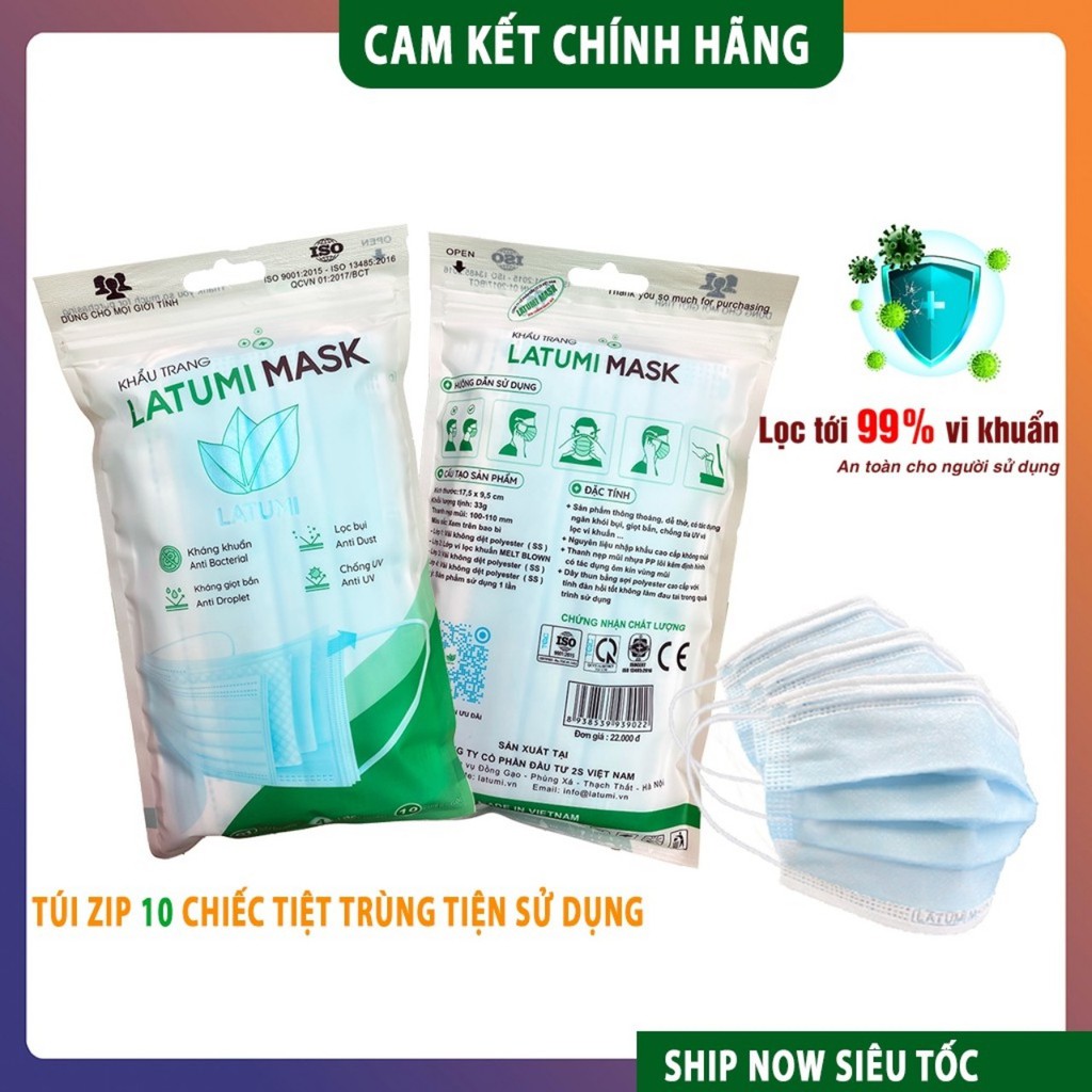 Khẩu Trang Y Tế 4 Lớp Kháng Khuẩn Cao Cấp, Túi Zip 10 Chiếc, Có LOGO, Tem Sản Xuất, Dây Đeo Quai Mềm, Không Đau Tai