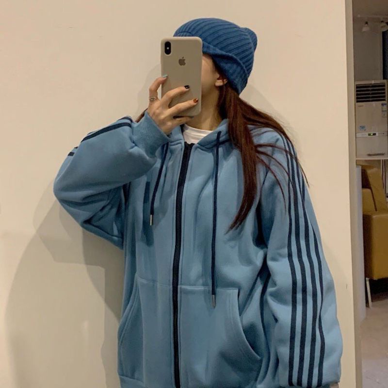 Áo khoác hoodie unisex nỉ bông cotton dưới 80kg- Áo khoác hoodie 4 sọc | BigBuy360 - bigbuy360.vn
