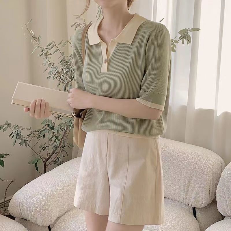Áo Thun Lụa Lạnh Dệt Kim Mỏng Cổ Polo Ngắn Tay Thời Trang Hè Sành Điệu Dành Cho Nữ