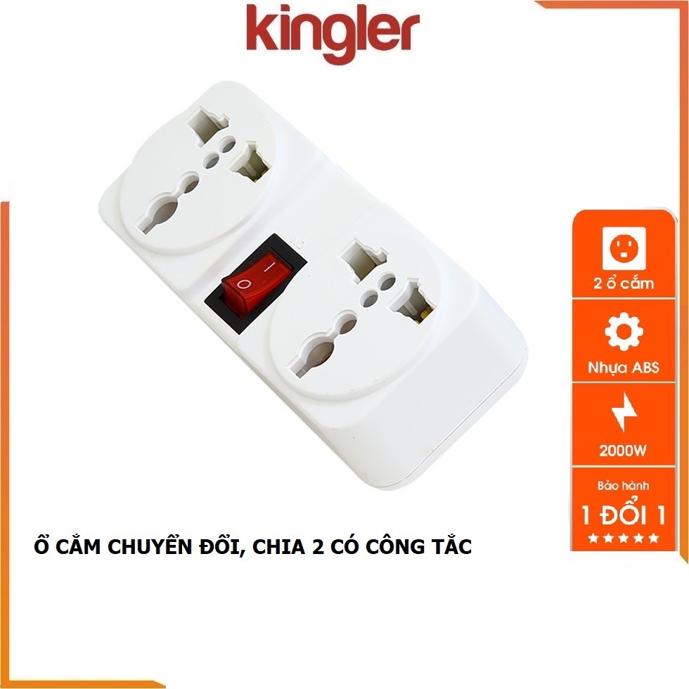 Phích Cắm Chia 2 Ổ Cắm Kèm Công Tắc, Chuyển Từ 1 Ổ Sang 2 Ổ 3 Chấu, Công Suất 2000W, ABS chống cháy. Kingler 8606